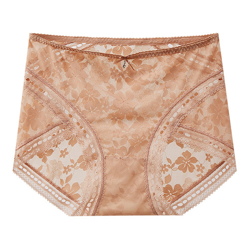 Sexy mesh women's mid-waist underwear silk antibacterial crotch hollow thin lace large size mm triangle shorts manufacturer