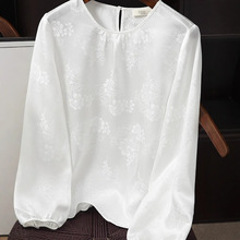 早秋真丝花罗上衣女桑蚕丝白色圆领灯笼袖长袖小衫宽松2025年新款