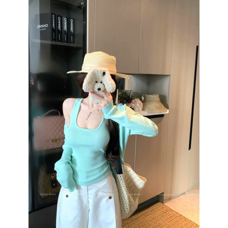 Spring and Summer Korean Style Pure Desire Holiday Style Knitwear Set for Women, Slim Fit Inner Camisole Top, Versatile Cardigan Two-Piece Set