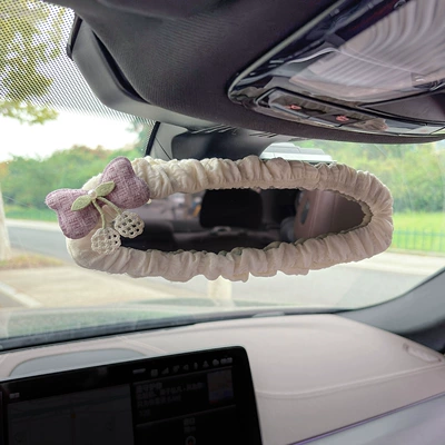 Sürətlər qutusu və əl tormozu başlıqları: Creative Cartoon Cute Car Reversing - puff-rearview-mirror-cover-purple-fabric-bow