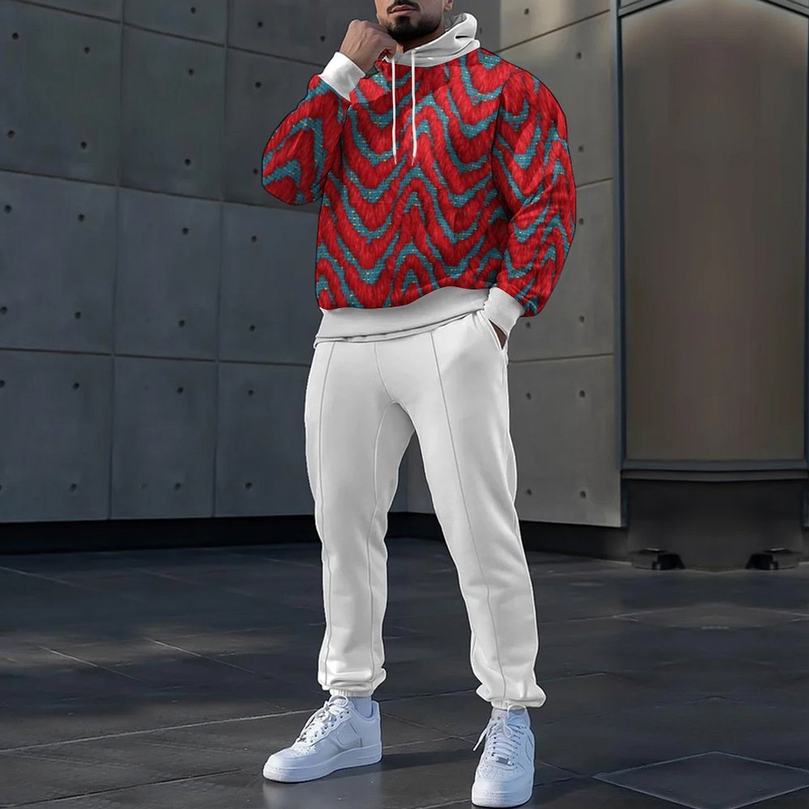 Otoño nuevo estilo de los hombres colorido color de contraste estilo de diseño estilo popular cordón suéter con capucha pantalones MC11-ML1