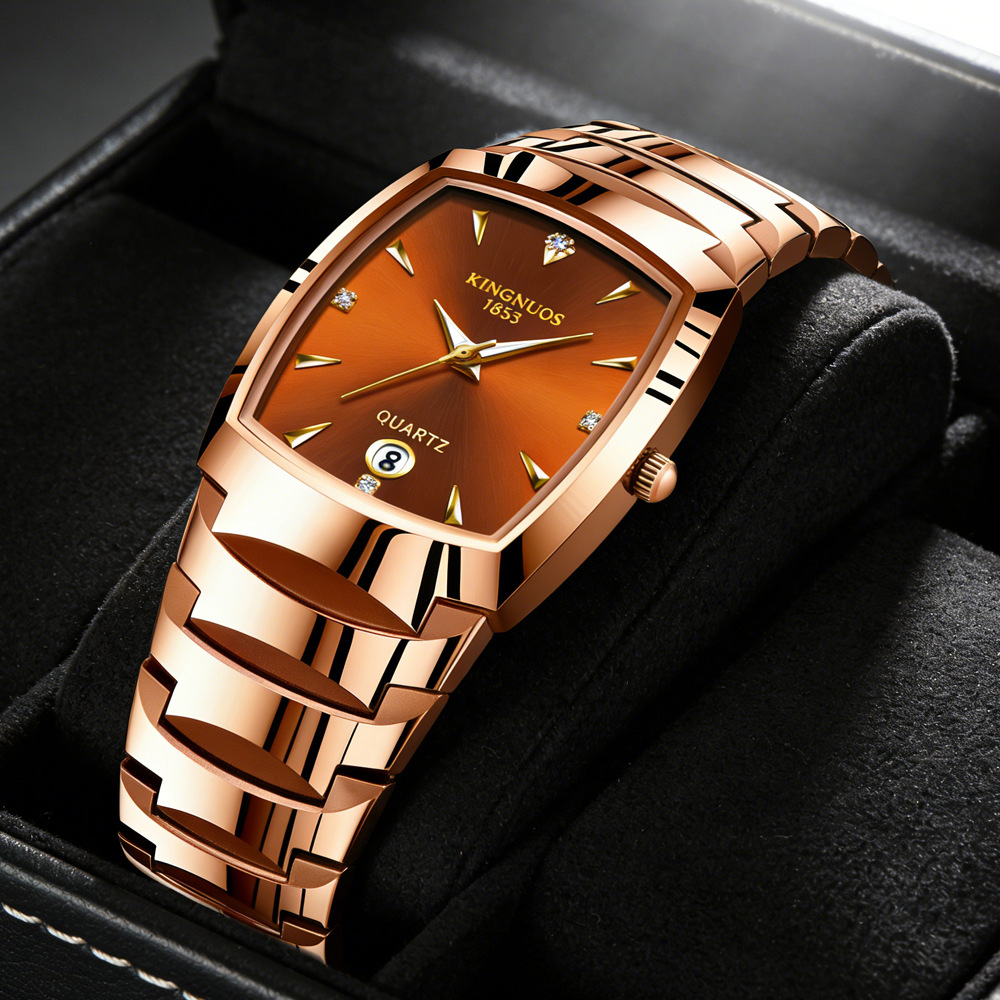 Fashion Tungsten Steel Color Square Couple's Steel Belt Calendar Watch Foreign Trade Waterproof Luminous Men's Women's Student Watch