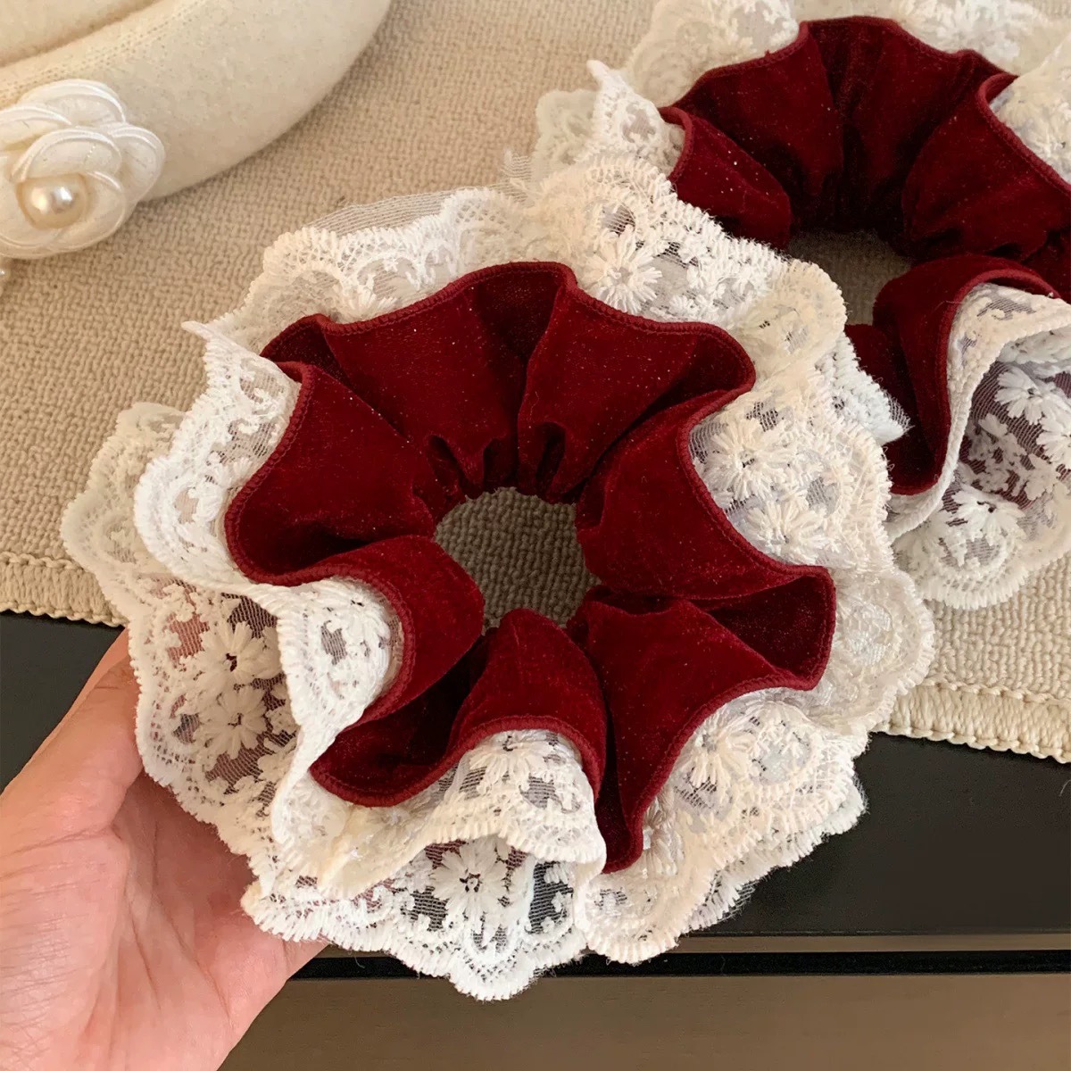 43# red velvet lace four-layer hair tie about 16cm