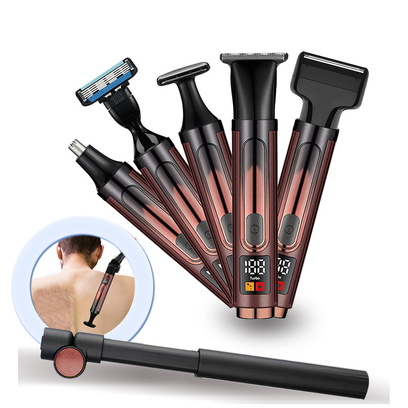 Cross-Border Men's 5-in-1 Grooming Set Back Shaver Foldable Telescopic Rod Body Hair Removal Razor Nose Hair Trimmer