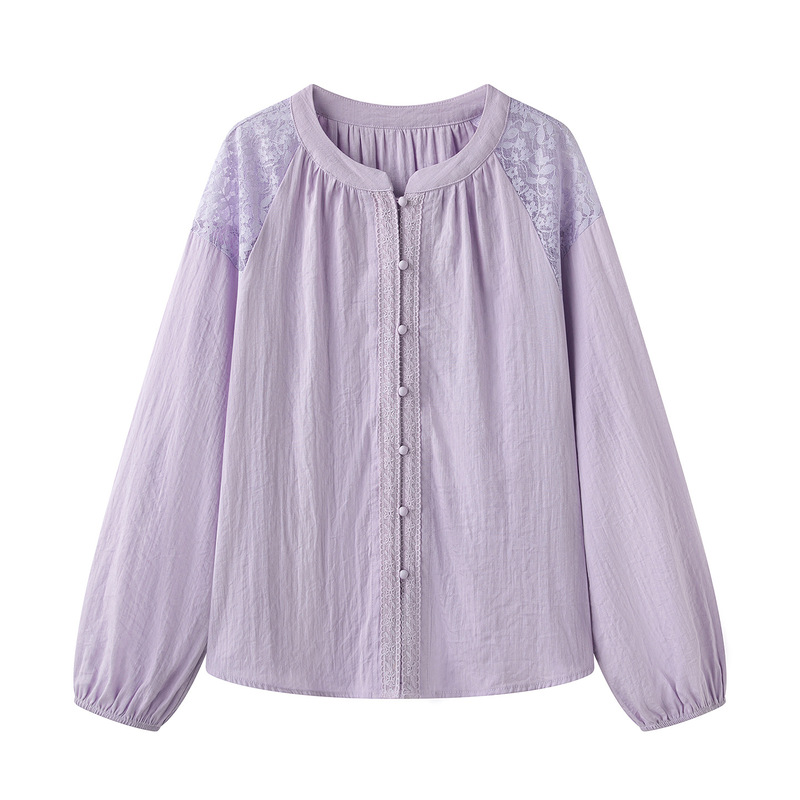 Southern French holiday style light purple stand-up collar shirt for women, new autumn 2026 hollow lace long-sleeve top