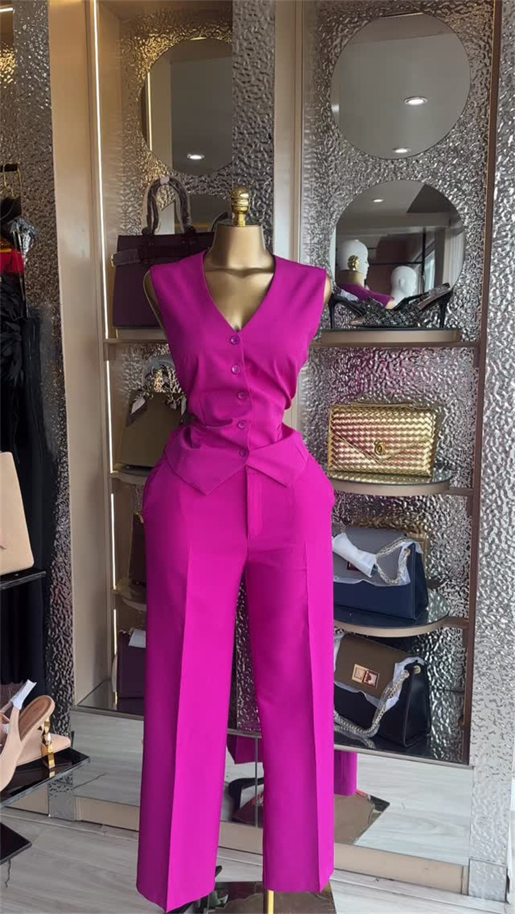 Women's V-neck Button-down Vest And Wide-leg Trouser Suit Set_voghion.com