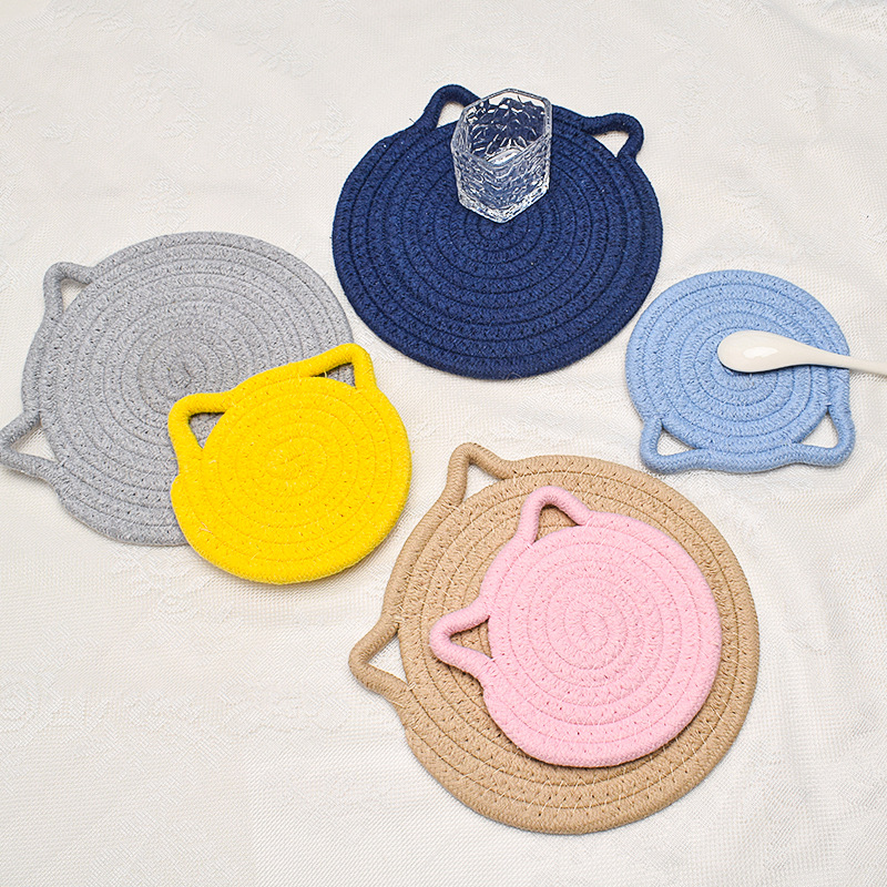 猫耳朵棉绳桌垫棉线编织 日式简约布艺餐垫盘碗垫耐用隔热垫 跨境