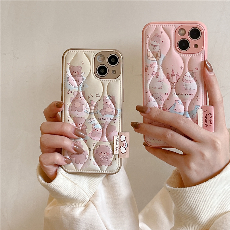 Estilo coreano lindo Oso de dibujos animados conejo abajo chaqueta adecuado para iPhone14 Apple 15PROMAX teléfono caso 13 mujeres