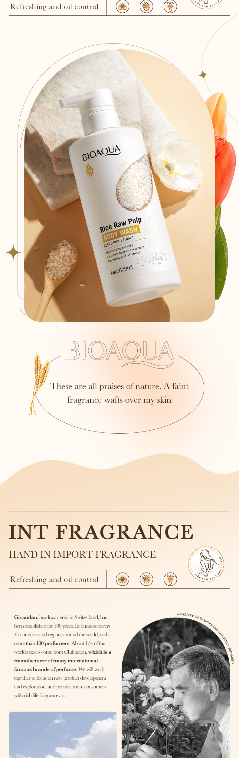 Heißes verkaufendes neues Reis-Rohmilch-Duschgel 500 ml BIOAOUA Körperreinigendes Duschgel auf europäischer Website_voghion.com