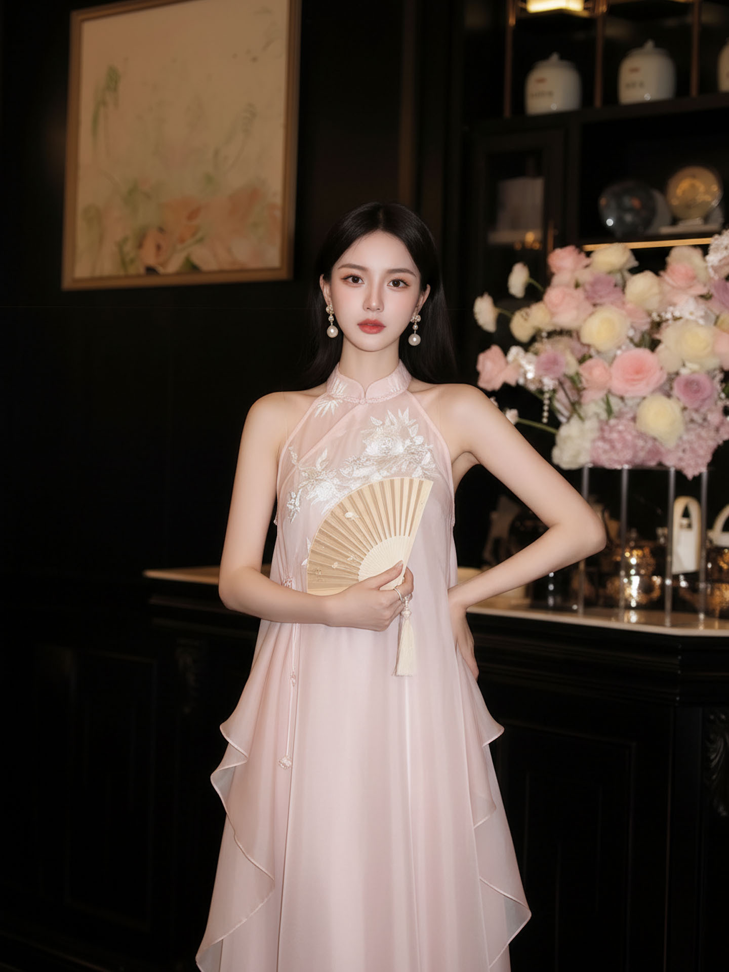 Đầm maxi thêu hoa phong cách Trung Hoa cổ điển, chất vải mỏng nhẹ mùa hè, tay lỡ, thắt eo — hồng
