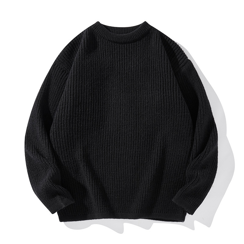 Men's Casual Knit Sweater Loose Fit Round Neck Long Sleeve Pullover Soft Polyester Blend, Minimalist Solid Color For Autumn Winter (Black, Beige)_voghion.com