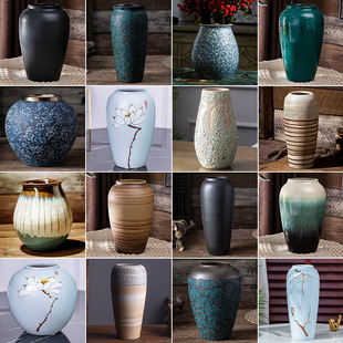 Jingdezhen Ceramic Vase Ornaments Living Room Flower Arrangement Floor-Standing Flower Pot Large Retro Pottery Pot Decoration Chinese Style