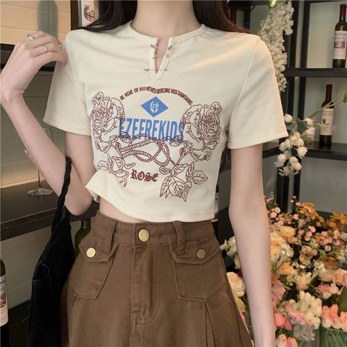 Sweet and Spicy Letter Print Women's Summer T-Shirt with Design Sense, Unconventional V-Neck Slimming High-Waisted Short Length Bare-Chest Top Yuxiangkang