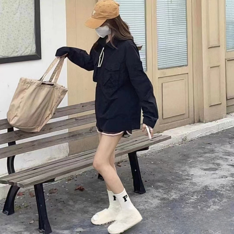 Stone House Ghost Compass Badge Zipper Jacket Loose Casual Long Sleeve Shirt Simple Casual Couple Matching Outerwear