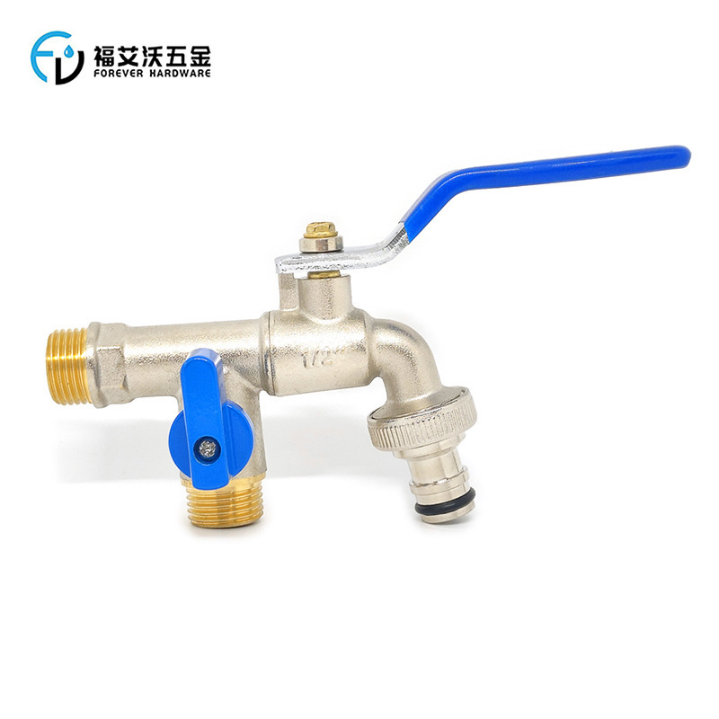 Brass Nickel-Plated Faucet 1/2*1/2*3/4 Kitchen Garden Dual-Open Dual-Control Washing Machine Spout Spiral Installation