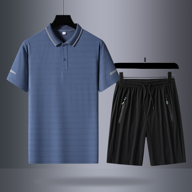 Verano hielo de manga corta pantalones cortos de dos piezas hombres camiseta de manga corta polo casual con solapa de mediana edad pantalones cortos grandes