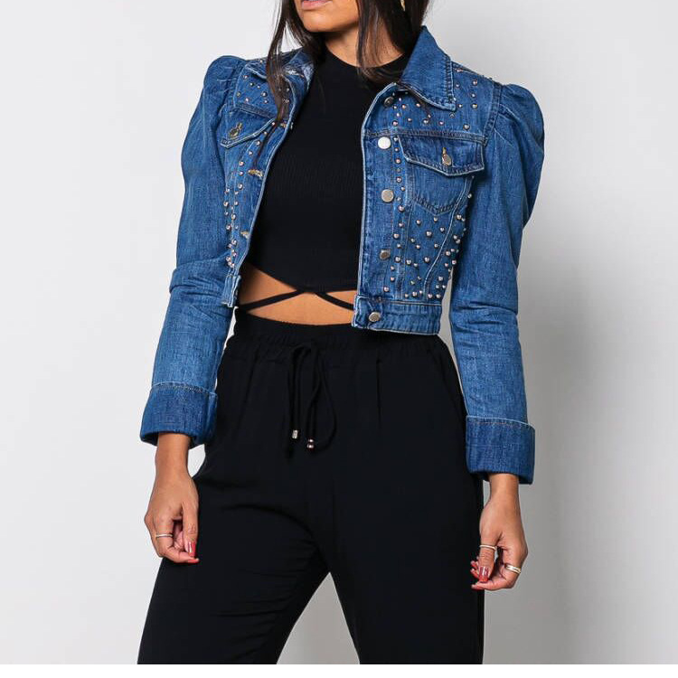 beaded blue washed crop denim jacket NSARY126425