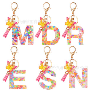 New love sequins English key chain butterfly tassel pendant 26 letters crystal glue Jewelry pendant women