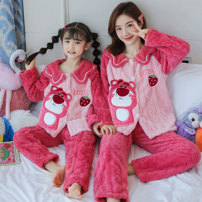 Pajamas para padres e hijos niñas de franela otoño e invierno espesar coral terciopelo dibujos animados niñas ropa para el hogar set madre e hija
