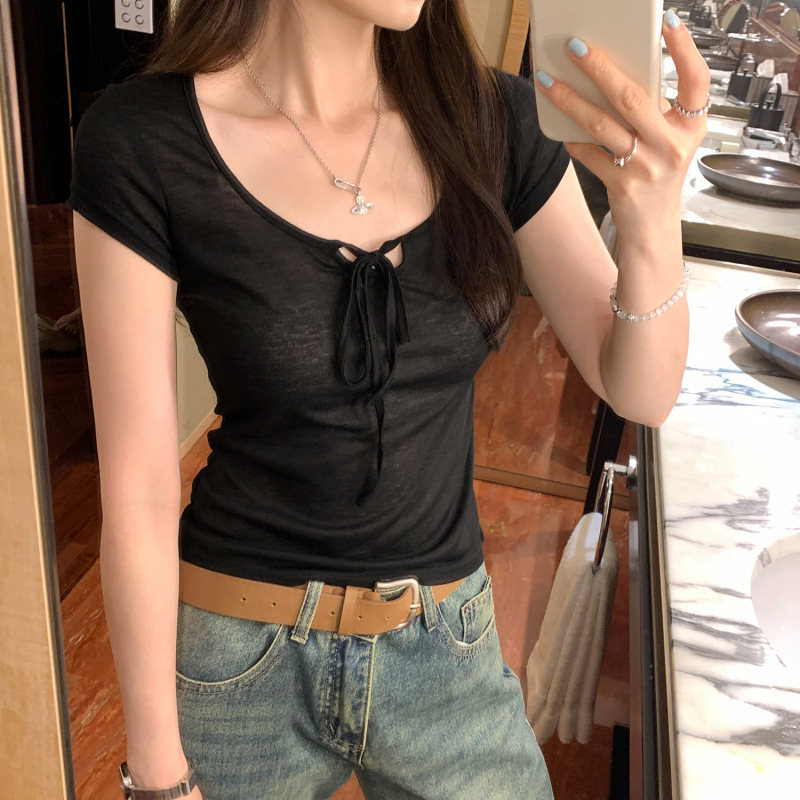 特別オファー卸売蝶ネクタイ薄い白い右肩半袖Tシャツフェミニンな新しいスタイル夏に見栄えが良い|undefined
