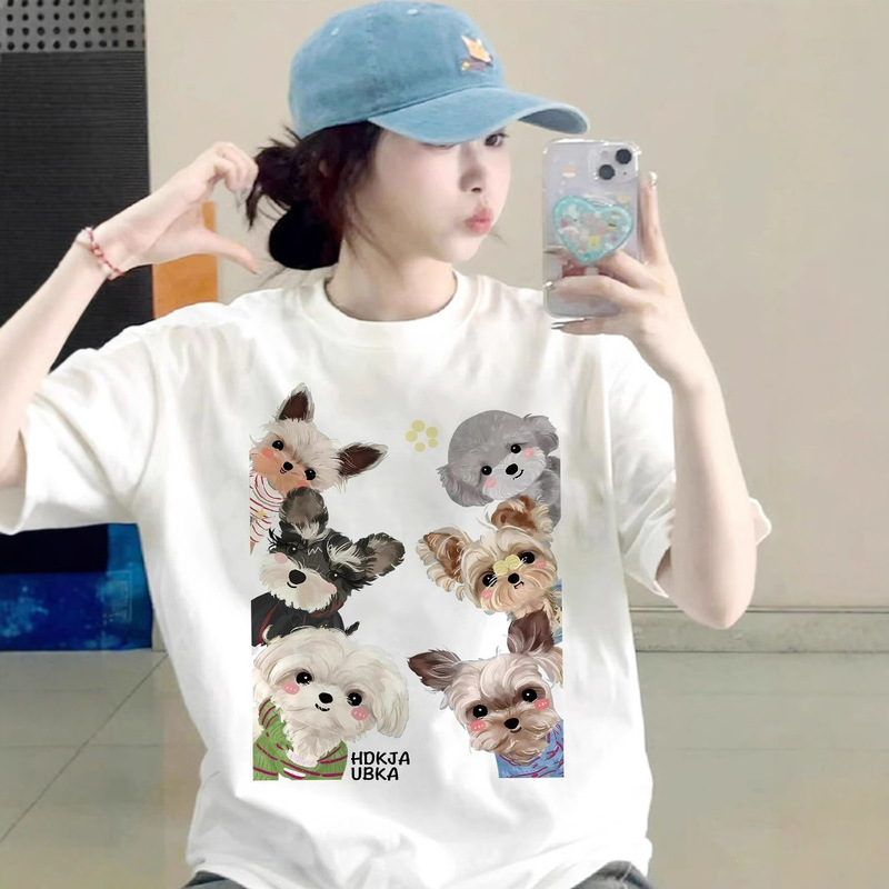 American Trendy Brand Smiling Face Schnauzer Dog Print Short-Sleeved T-Shirt for Women 2025 Summer New Loose Versatile Top Ins