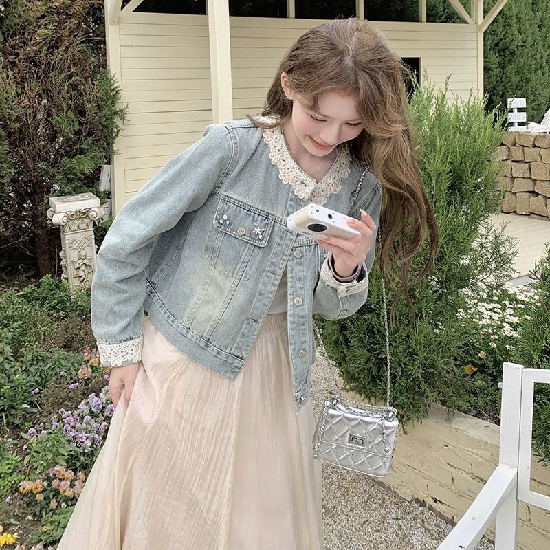 Spliced Lace Jacket Korean Style Round Neck Spring Women's Short Denim Jacket Petite 2025 Long Sleeve New Style Spliced Lace Jacket Korean Style Round Neck Spring Women's Short Denim Jacket Petite 2025 Long Sleeve New Style