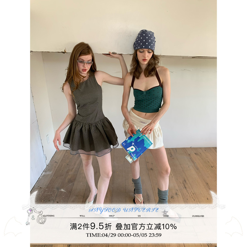 杂食universe 灰咖波点欧根纱复古无袖连衣裙女夏季高腰显瘦短裙