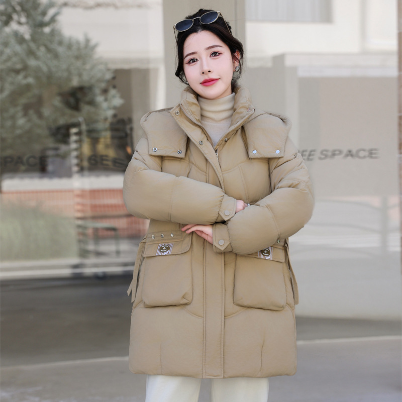 2024 invierno estilo coreano encapuchado vestido de pan de tamaño grande abrigo de algodón de pluma grueso mujer estilo largo exterior abrigo de algodón suelto image 10