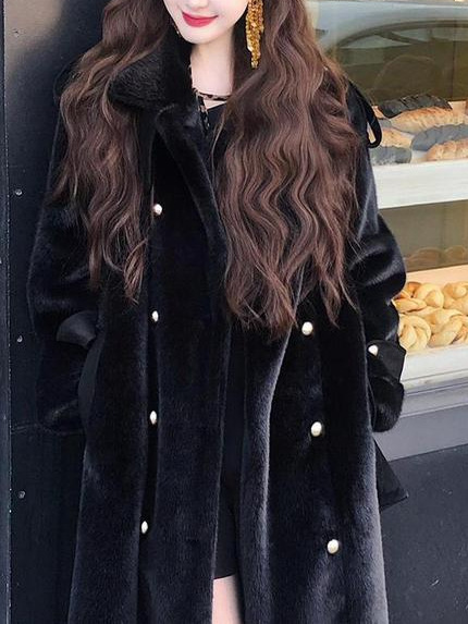 Elegant and Eco-Friendly Long Leather Coat for Women, Vintage Hepburn Style, Slimming Fur Coat for Autumn and Winter, Warm Black