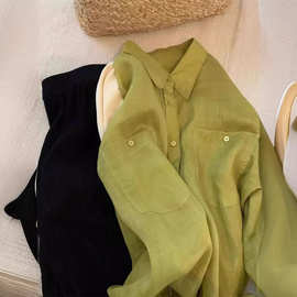 芥末绿衬衫女薄款长袖2024年新款法式设计感上衣开衫小众防晒衬衣