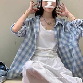 跨境蓝色格子衬衫外套女春秋新款慵懒风气质防晒衬衣上衣批发