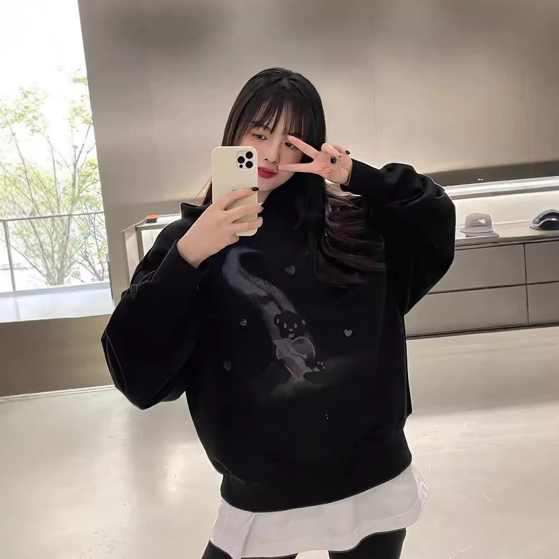 High Street Fashion Brand Wellmiki Early Autumn New Rainbow Bear Print Terry Hooded Sweatshirt Versatile Top for Women