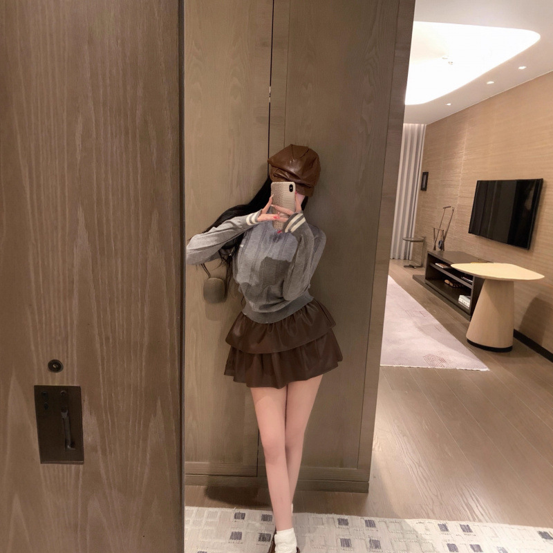 mi u提花拉链针织毛衣外套+减龄贴皮刺绣皮裙女25早秋8月减龄套装|undefined