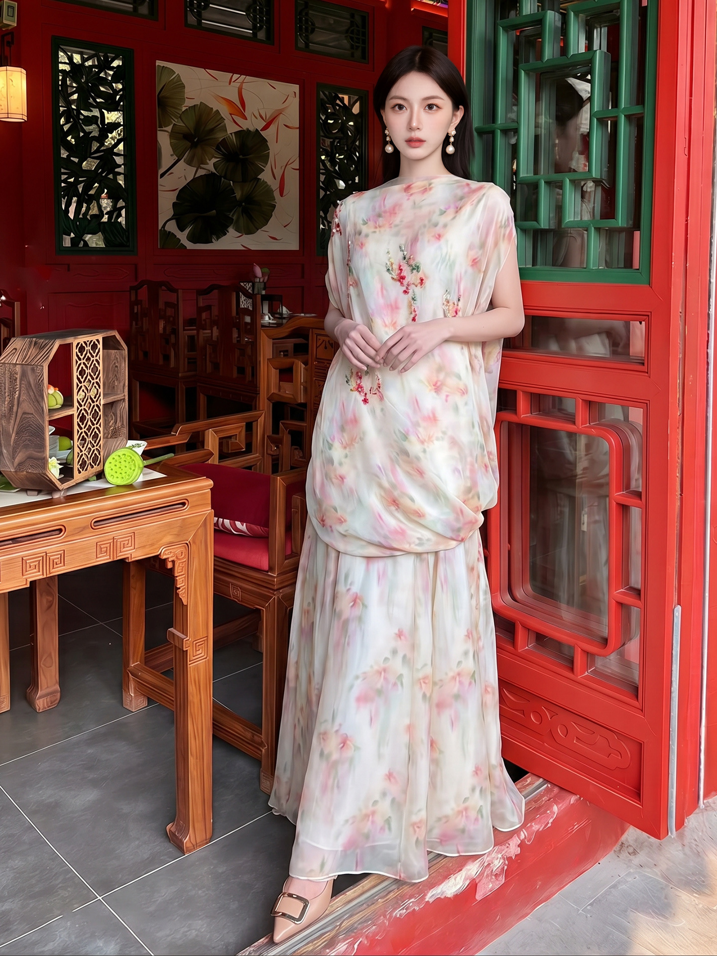 Bộ váy áo maxi thắt eo họa tiết hoa phong cách tân cổ điển — Trang chủ, bộ đồ, nửa váy