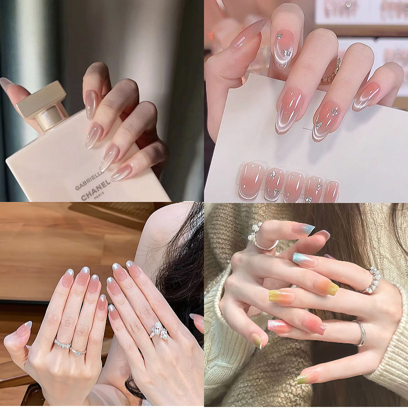 Handmade Trendy Natural White Cat-Eye Daily Nude Color Side-Absorption Cat-Eye Press-On Nails, Removable Nail Pieces, High-End Fake Nails