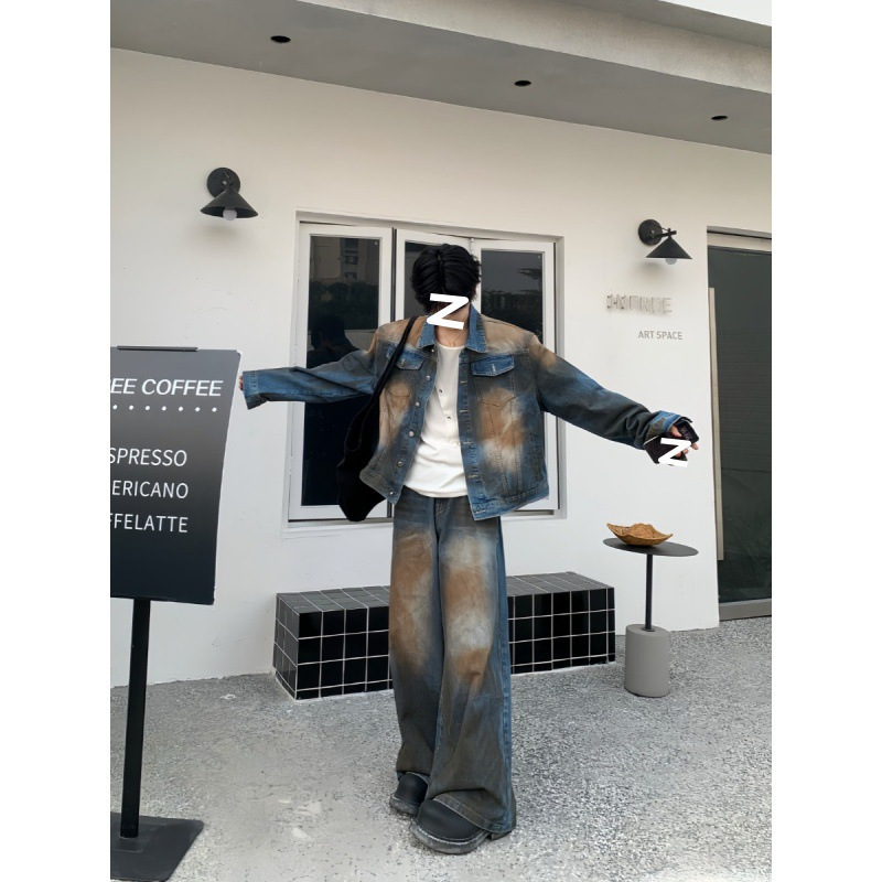 American Niche Design Long-Sleeved Jeans Men's Autumn Trendy Brand Retro Washed Distressed Jacket Jacket Fashionable Suit