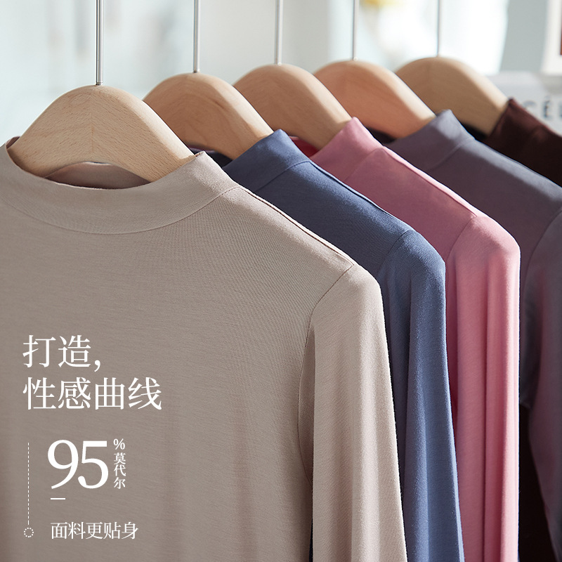 Modal medio cuello alto manga larga que basa la camisa para las mujeres otoño e invierno nuevo estilo coreano camiseta delgada suelta más tamaño superior image 6