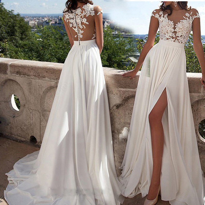 Amazon wish foreign trade women's wedding dress sexy backless lace slit party evening dress dress women