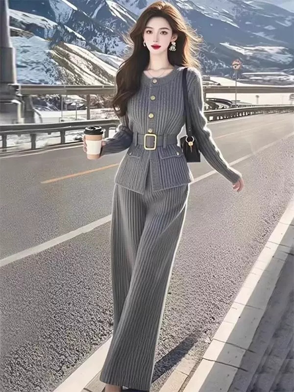 2025秋独特绝美高级感气质显瘦针织外套裤子套装女一整套初冬穿搭|undefined