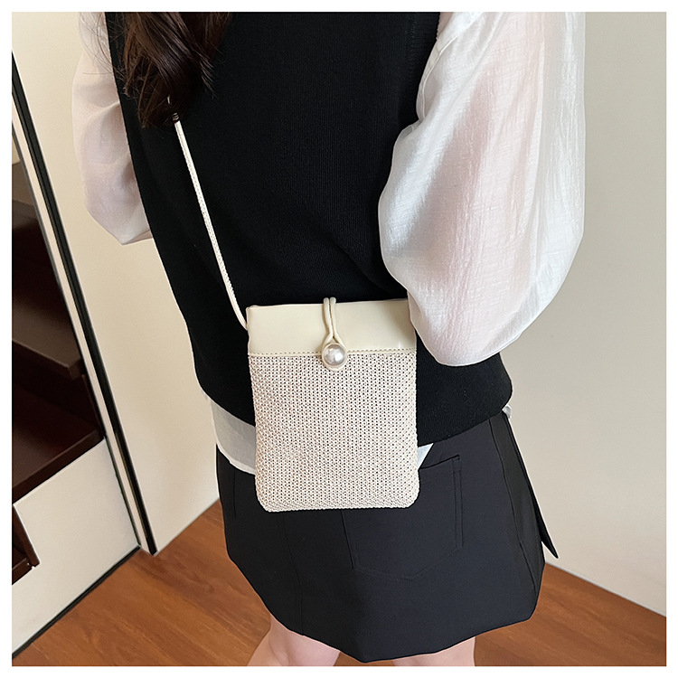 Retro patchwork woven mobile phone bag for women 2025 new summer fashion commuting single-shoulder crossbody pearl bucket bag undefined