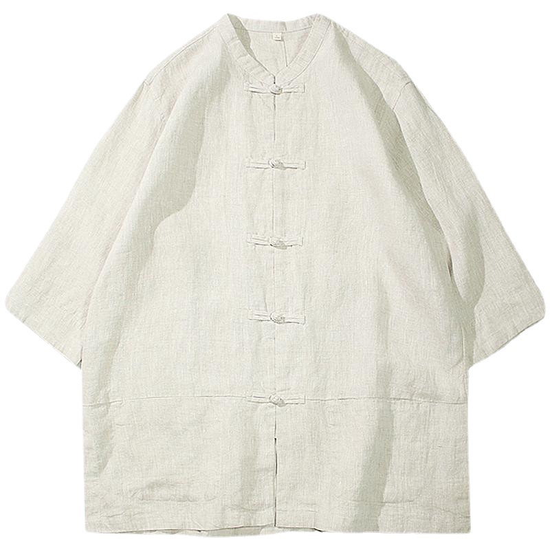 Summer Chinese Style Linen Short-sleeved Tang Suit Men's Retro Half-sleeved Hanfu Cotton Linen Husband Suit plus size Half-sleeved Tea Suit