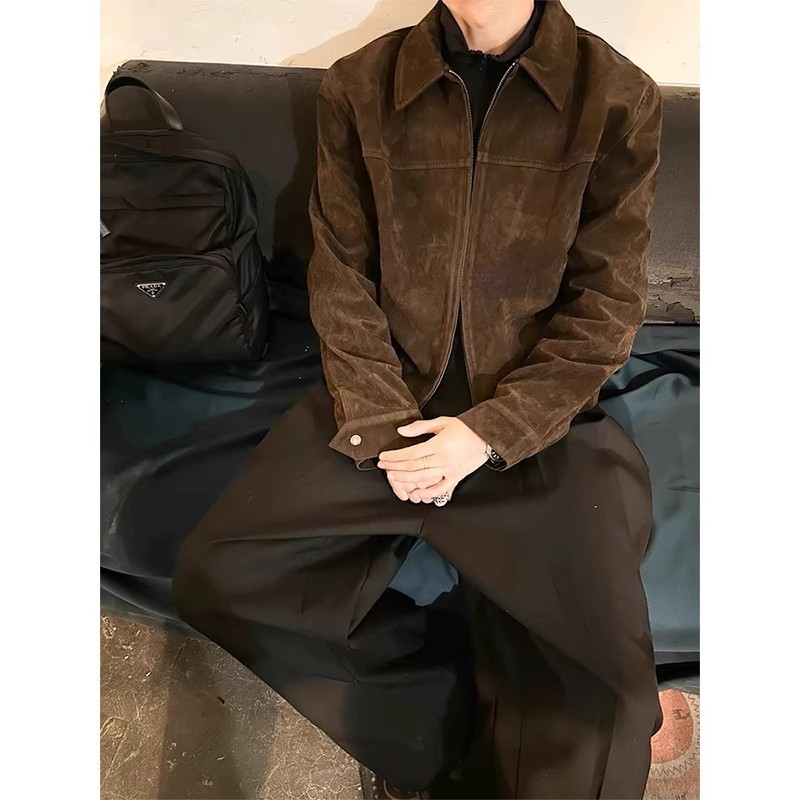 深棕色美式复古短款外套男款秋季高级感痞帅cleanfit正肩翻领夹克|undefined