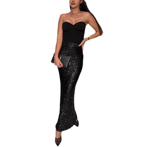 Independent Website INS New European and American Style Fashion Elastic High-Waist Sequin Midi Skirt for Women, Perfect for Nightclubs