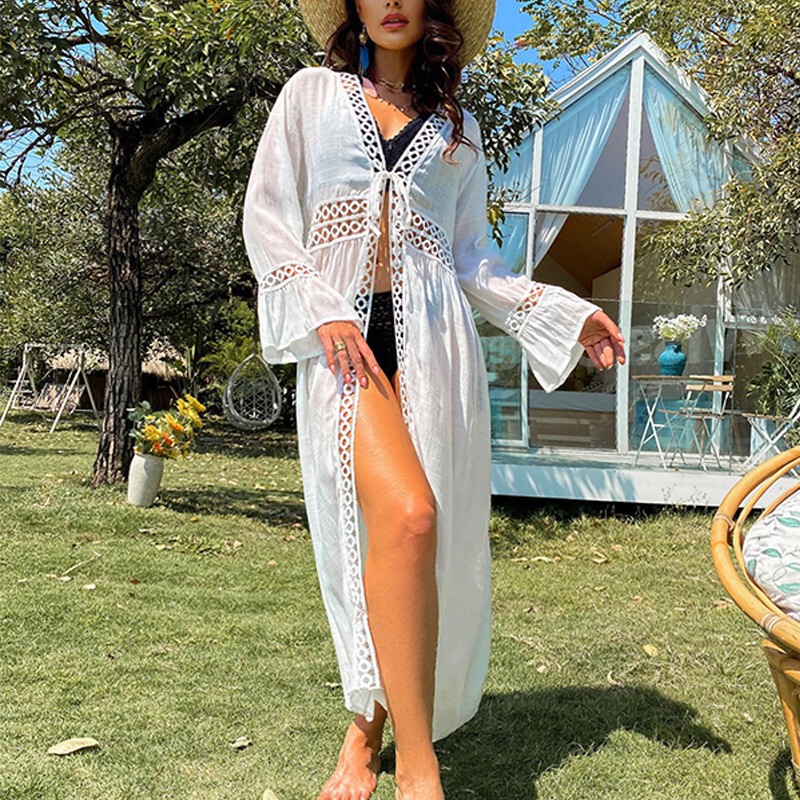 Bamboo Cotton Casual Sun-Protective Cardigan with Hollow Lace Splicing and Bikini Cover-Up Beach Cover-Up