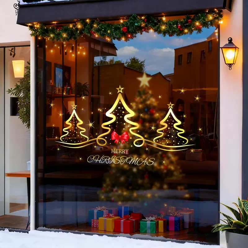 跨境圣诞节静电贴装饰品玻璃窗贴橱窗装扮金色圣诞树蝴蝶结窗花