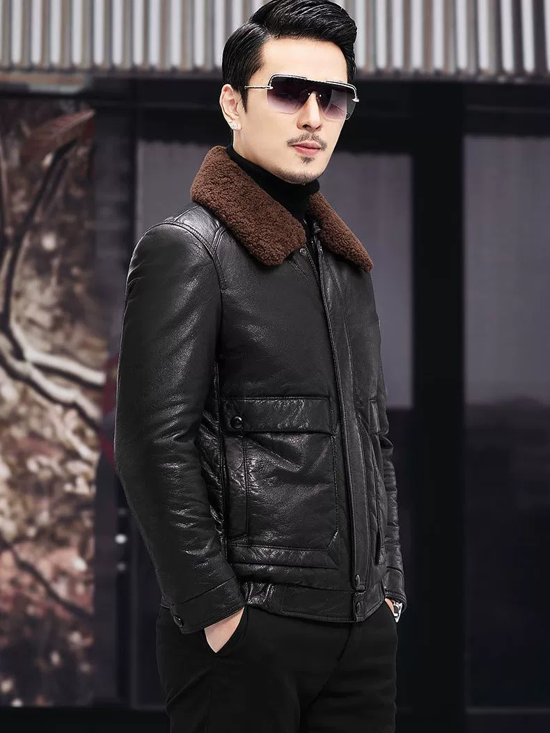 Keep warm leather woolen velvet down jacket, cowhide, goose down