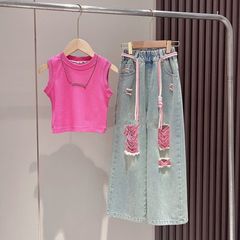 .女童夏季套裝2023新款甜酷項鍊背心時髦炸街彩色破洞牛仔褲兩件