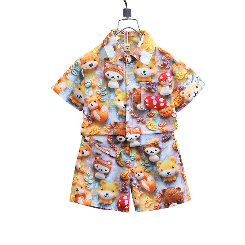7210 Traje para niños Camisa de flores de manga corta para niños de verano Traje de dos piezas guapo y de moda 2025 nueva ropa para bebés