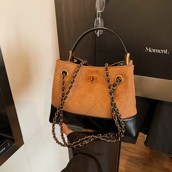 New Fashion Patchwork Bucket Bag, Simple Cross-Border Quilted Niche Shoulder Bag, Versatile Chain Crossbody Bag for Women