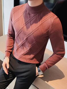 Foreign trade wholesale men's autumn and winter new half-turtleneck casual sweater slim stretch rhombus jacquard sweater men